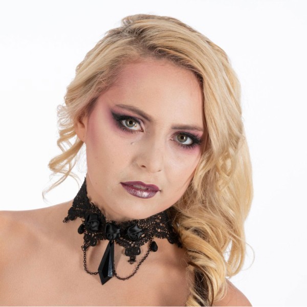 Choker Halsband, Spitzen & Perlen, schwarz