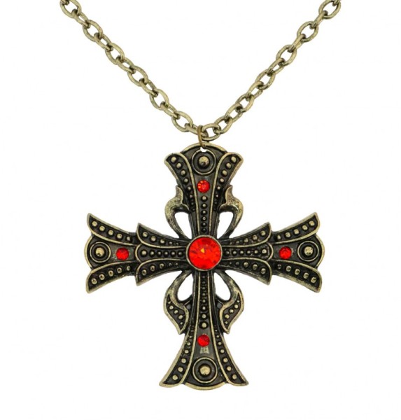 Halskette Vampir-Kreuz mit rotem Stein, altgold