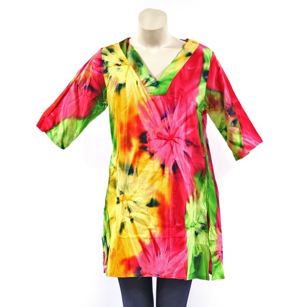 Damen Batik Bluse, lang, V-Ausschnitt