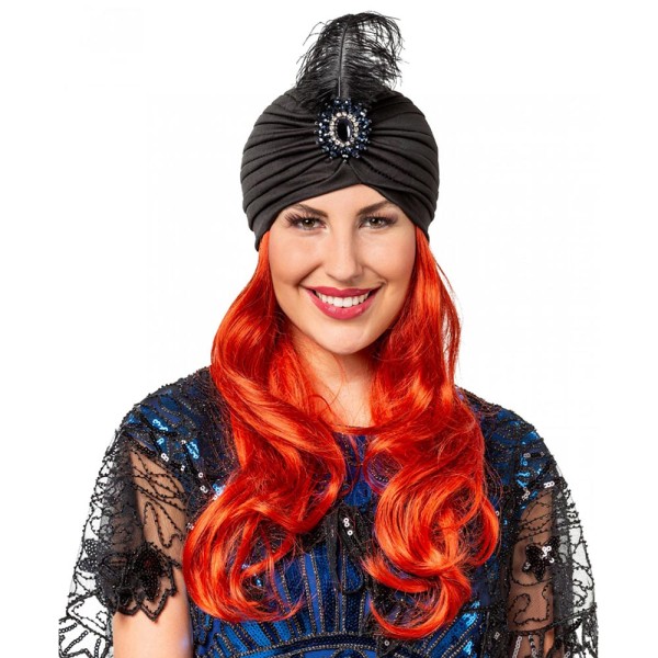 Damen Turban-Hut mit Feder, schwarz