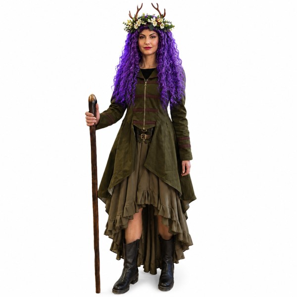 Damen Fantasy Mantel, Samt mit Kapuze, olivgrün