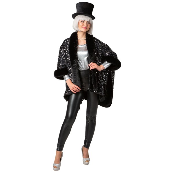 Damen Pailletten Poncho, schwarz/silber, Onesize