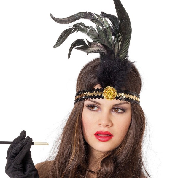 20's Paillettenstirnband mit Feder, schwarz/gold
