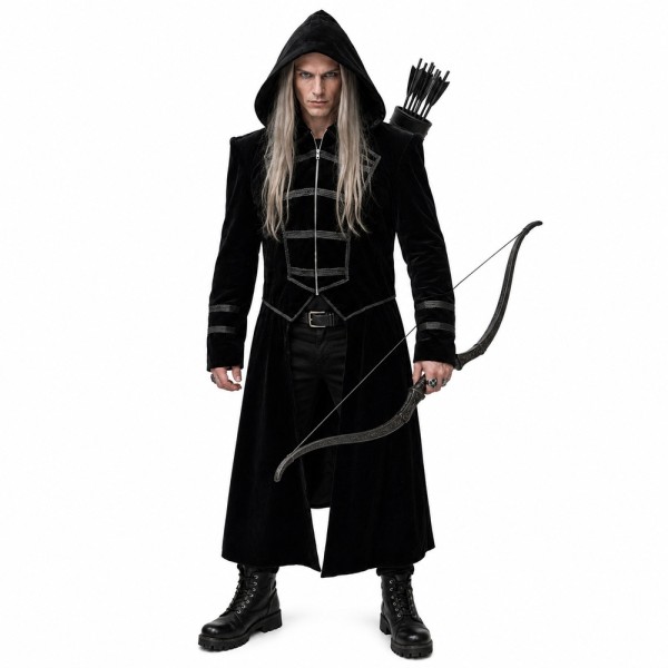 Herren Fantasy Mantel, Samt mit Kapuze, schwarz